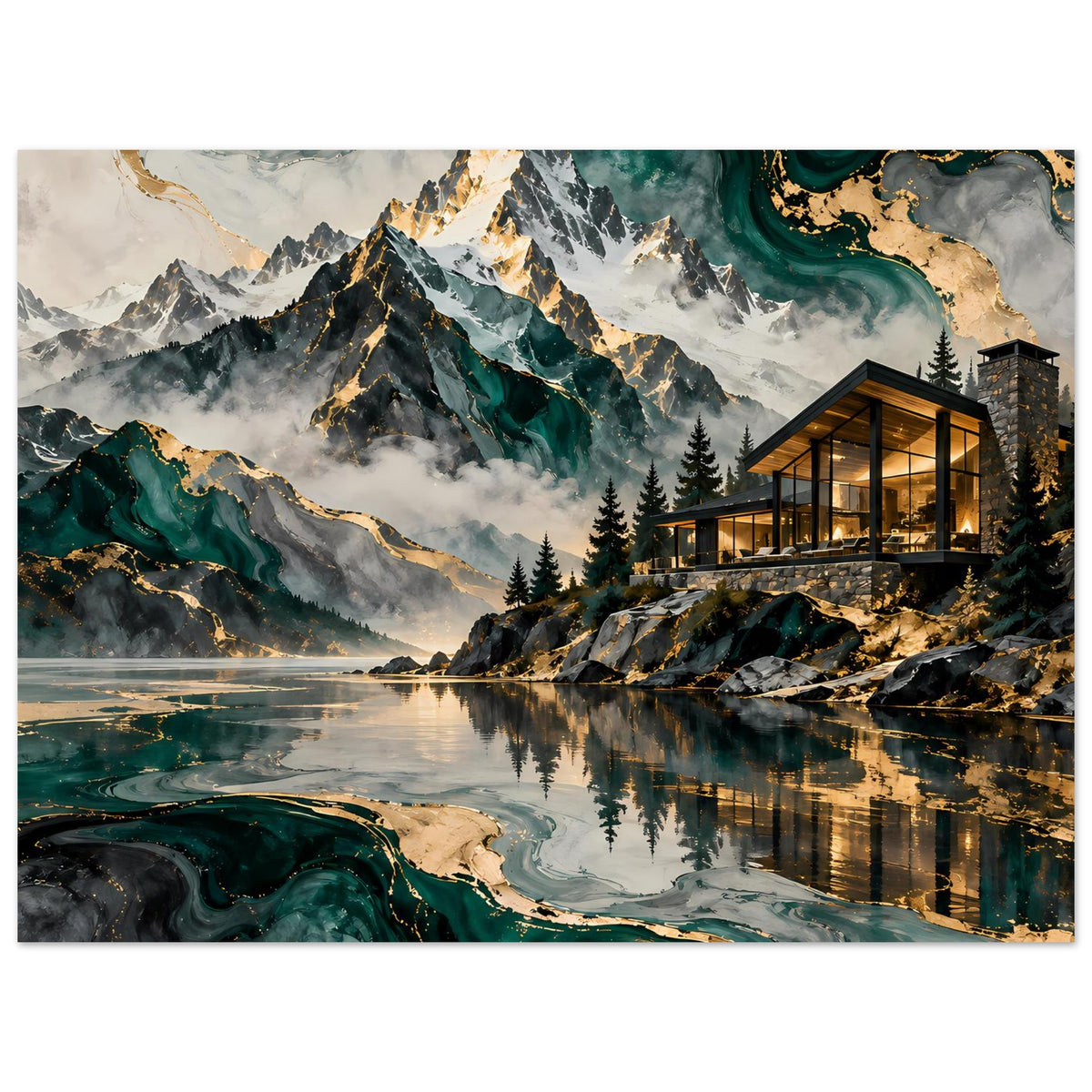 Poster mit Alpenblick, türkisgrünen Wasserläufen, goldenen Details und Spiegelung