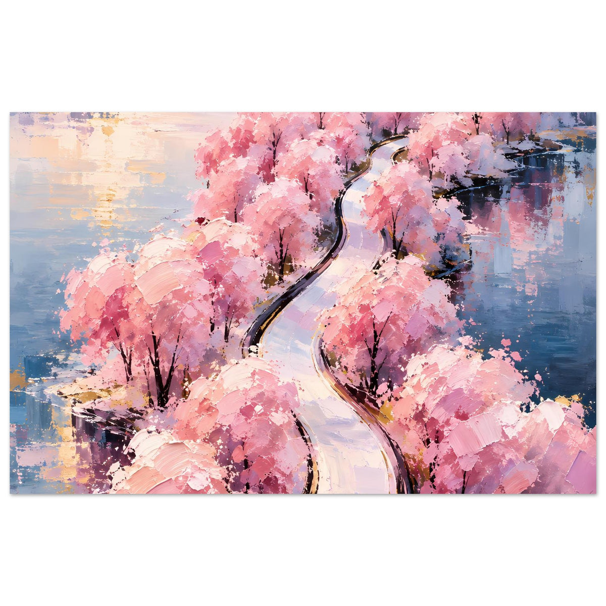 Längliches Poster: gebogener Weg zwischen rosa blühenden Bäumen, Farbverlauf-Pinselstriche