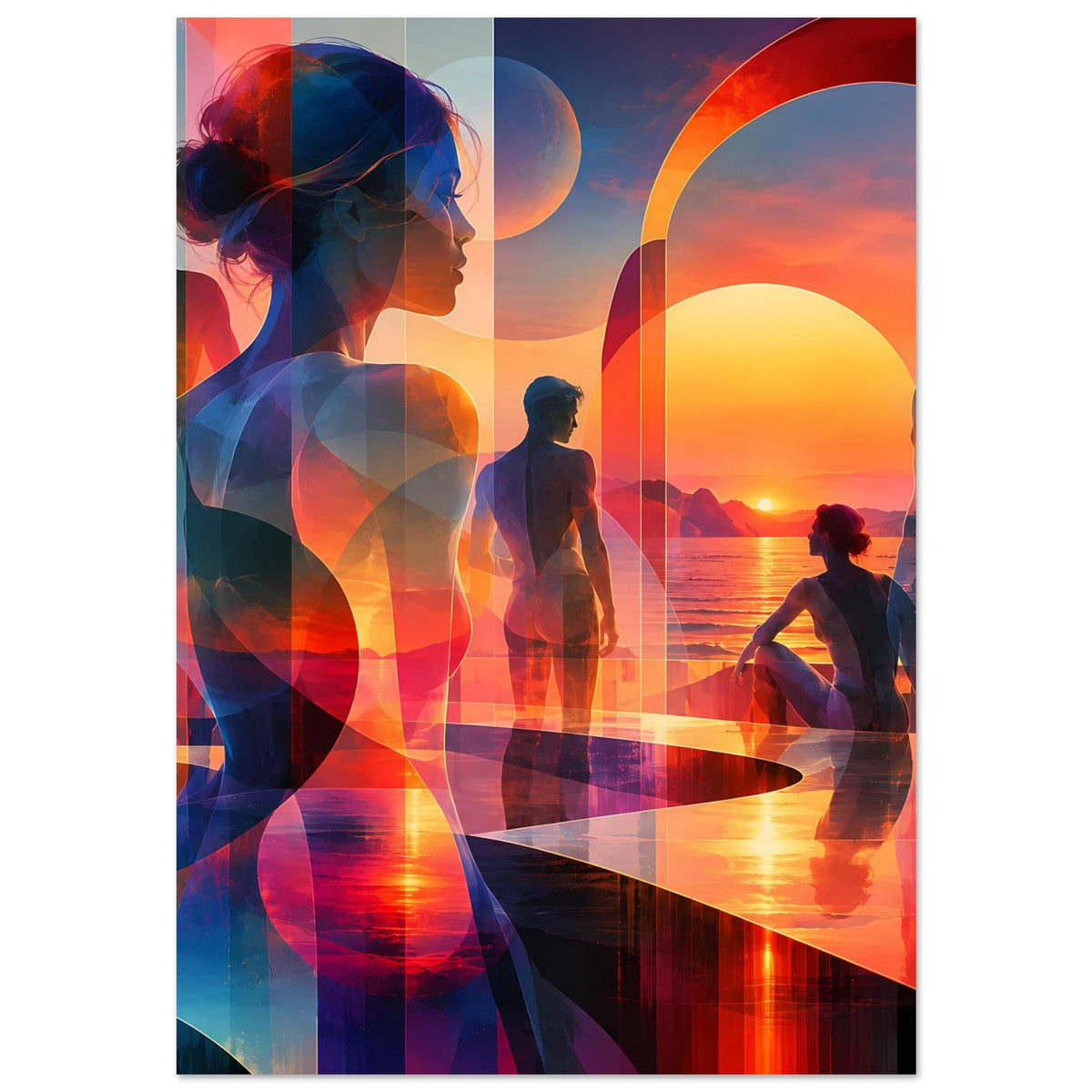 Kunstposter: Silhouetten am Meer mit großer Sonne in Orange und Blau