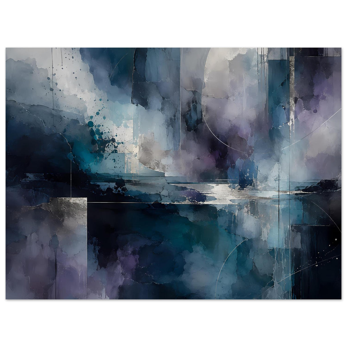 Abstraktes Kunstposter, horizontal: Blau‑ und Violettverlauf mit Halbkreis und Linien