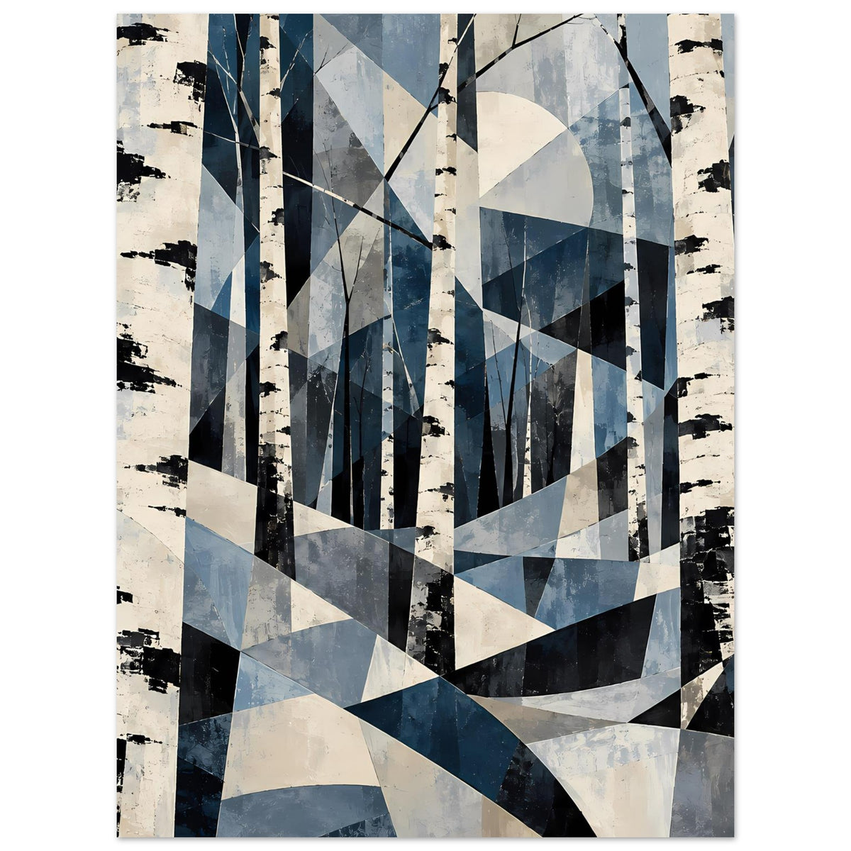 Abstraktes Birkenwald-Naturposter in Blau und Schwarz mit diagonalen Formen