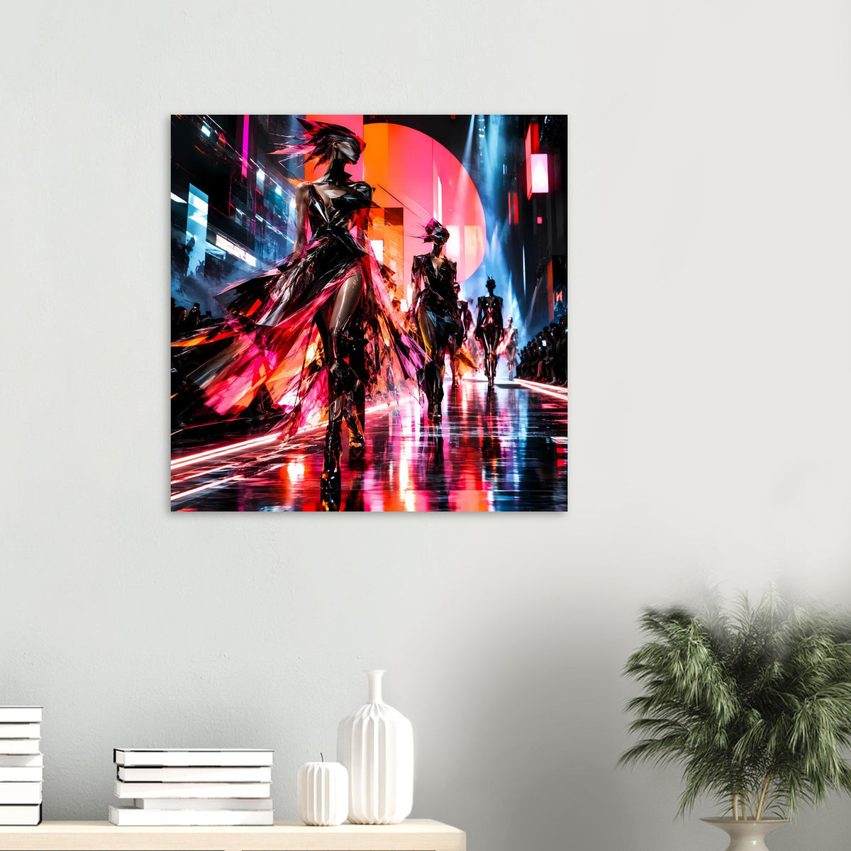 Neon-Fashion-Poster kleinformatig mit Laufsteg-Silhouetten in Schwarz, Pink, Rot und Blau