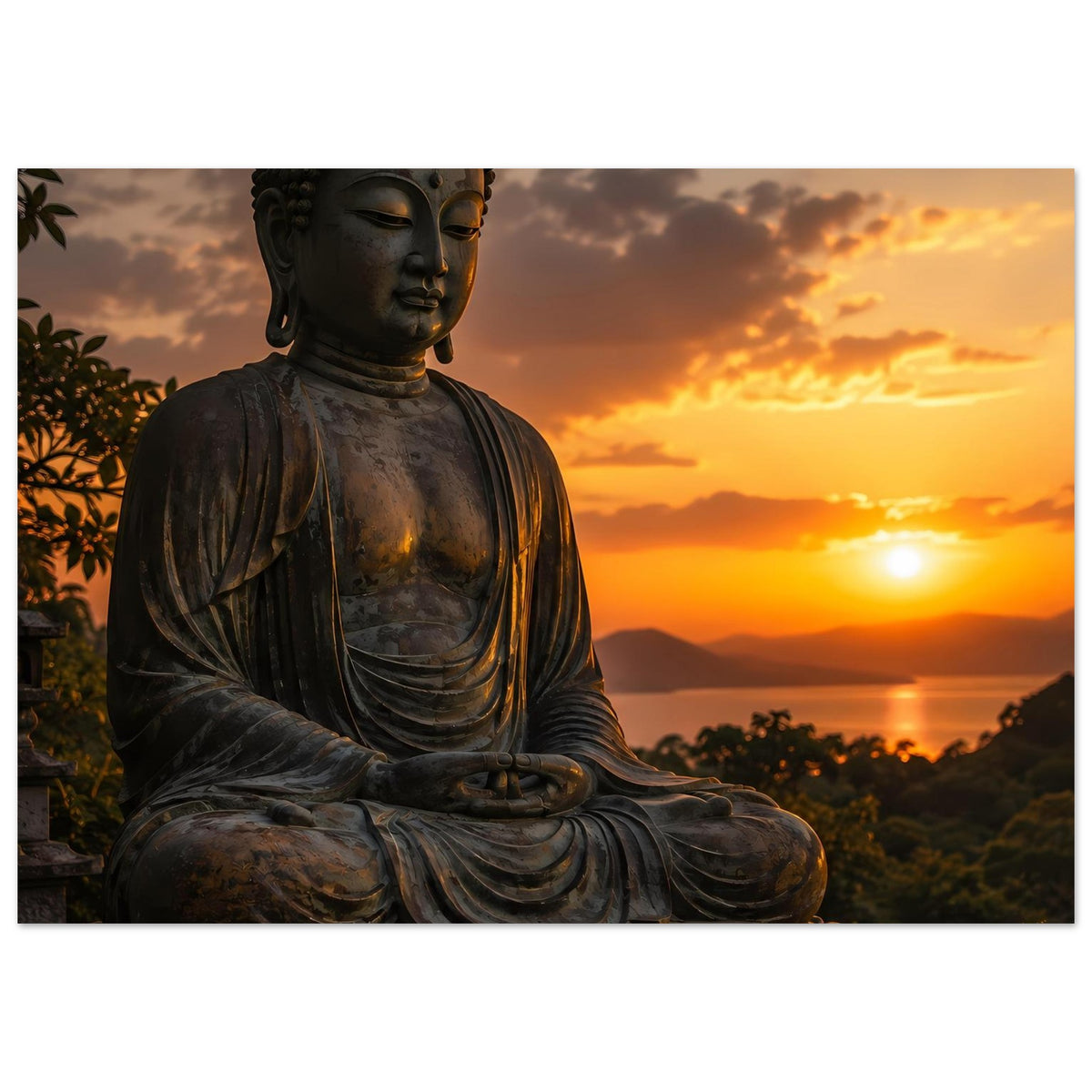 Poster mit Buddha-Statue im Meditationssitz, Silhouette und gefaltete Hände im Fokus