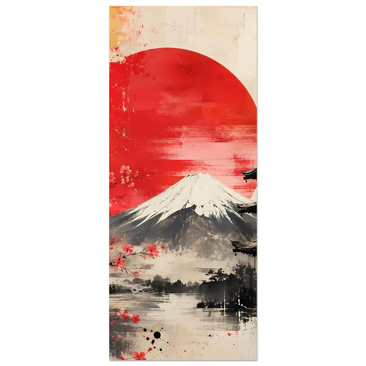 Hochkant-Poster mit Fuji, roter Sonne und Pagode, Kirschblüten