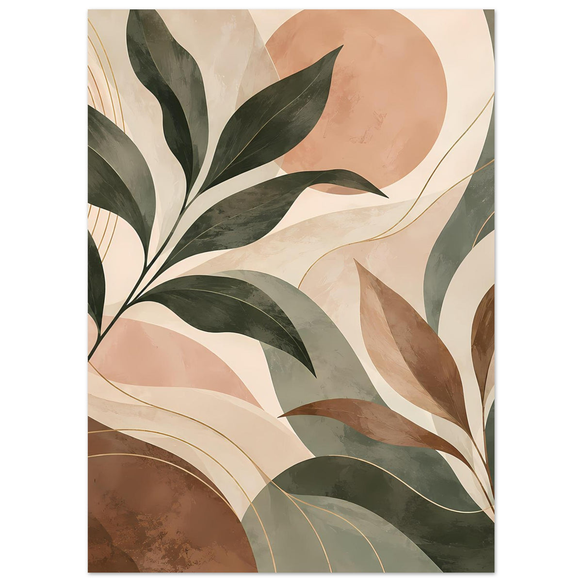 Kunstposter mit abstrakten Blattflächen und Linienornamenten in gedeckten Naturfarben