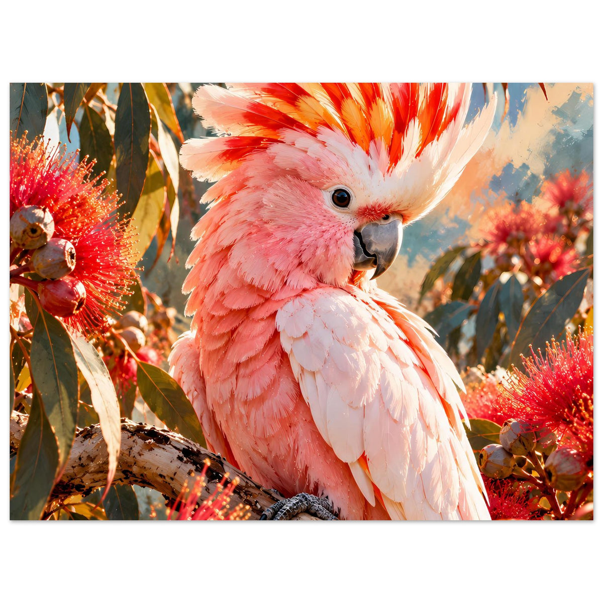 Querformat-Poster mit rosa-weißem Kakadu auf Ast, rote Blüten und Blätter