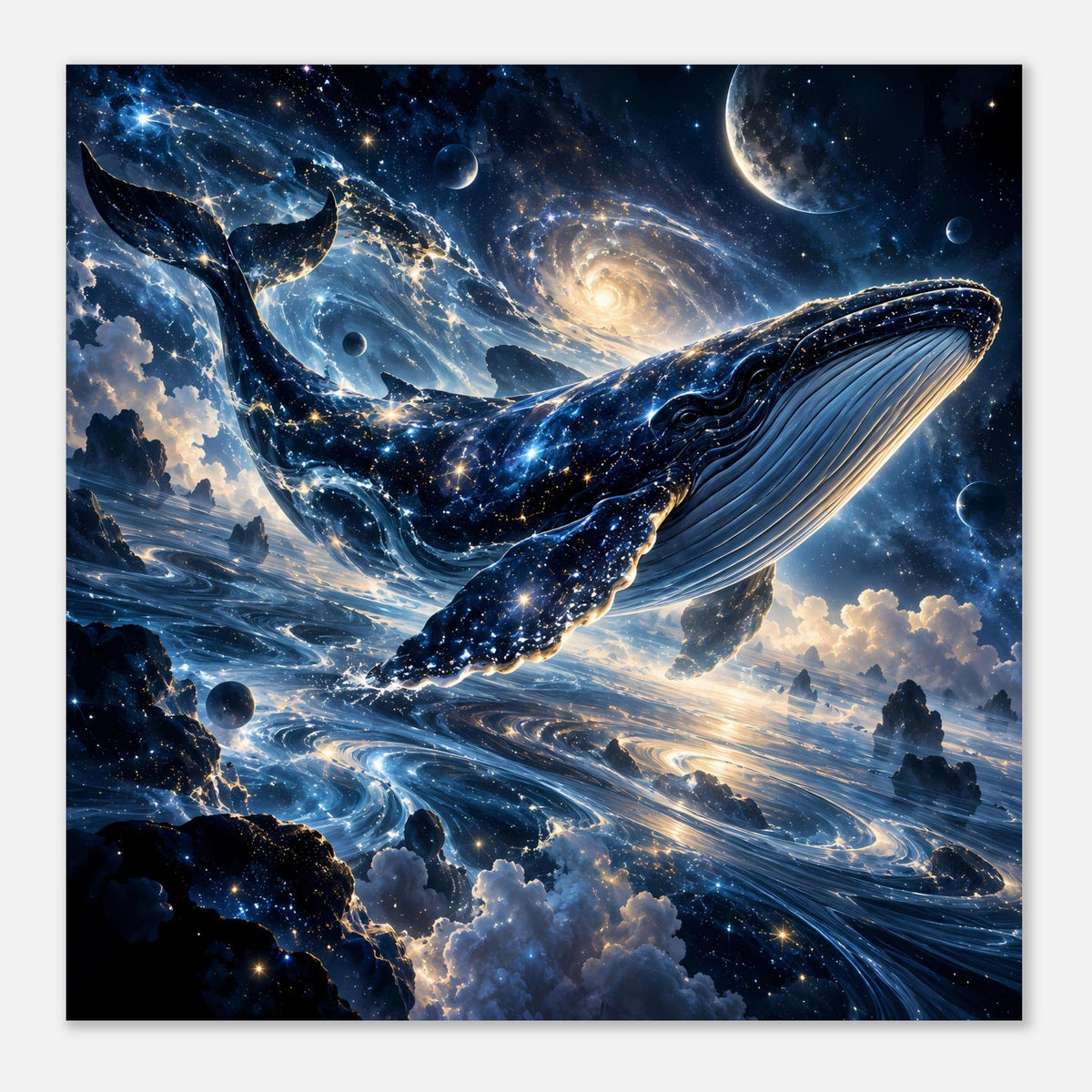 Kosmisches Fantasy-Poster im Querformat: Wal über schimmerndem Sternenmeer