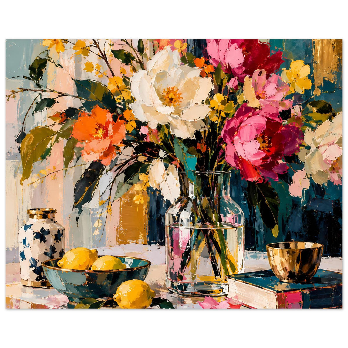 Blumenstillleben-Poster mit Strauß aus Blüten, Vase und Schale, Querformat