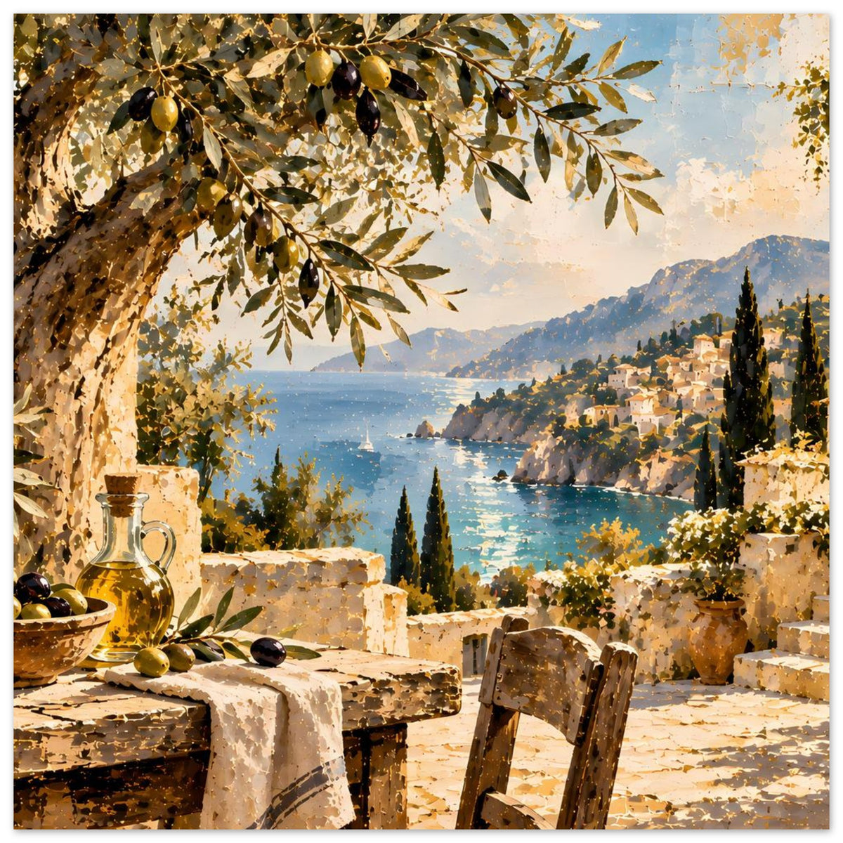 Küstenlandschaft-Poster mit Olivenzweigen, Vase, Steinsitz und blauer Bucht