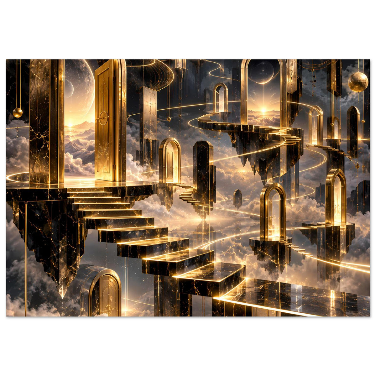 Premium-Poster: goldene Wege und Säulen zwischen dunklen Elementen, eingebettet in Wolken
