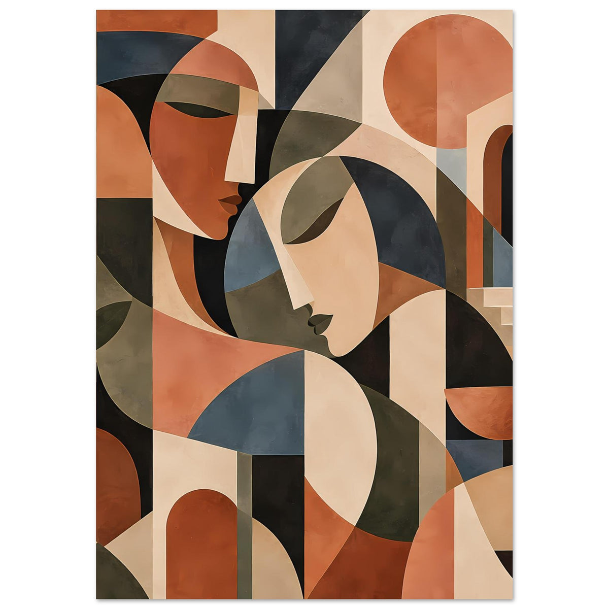 Kunstposter mit abstrakter Gesichts-Kollage, geometrische Ornamente in Terrakotta und Dunkelblau