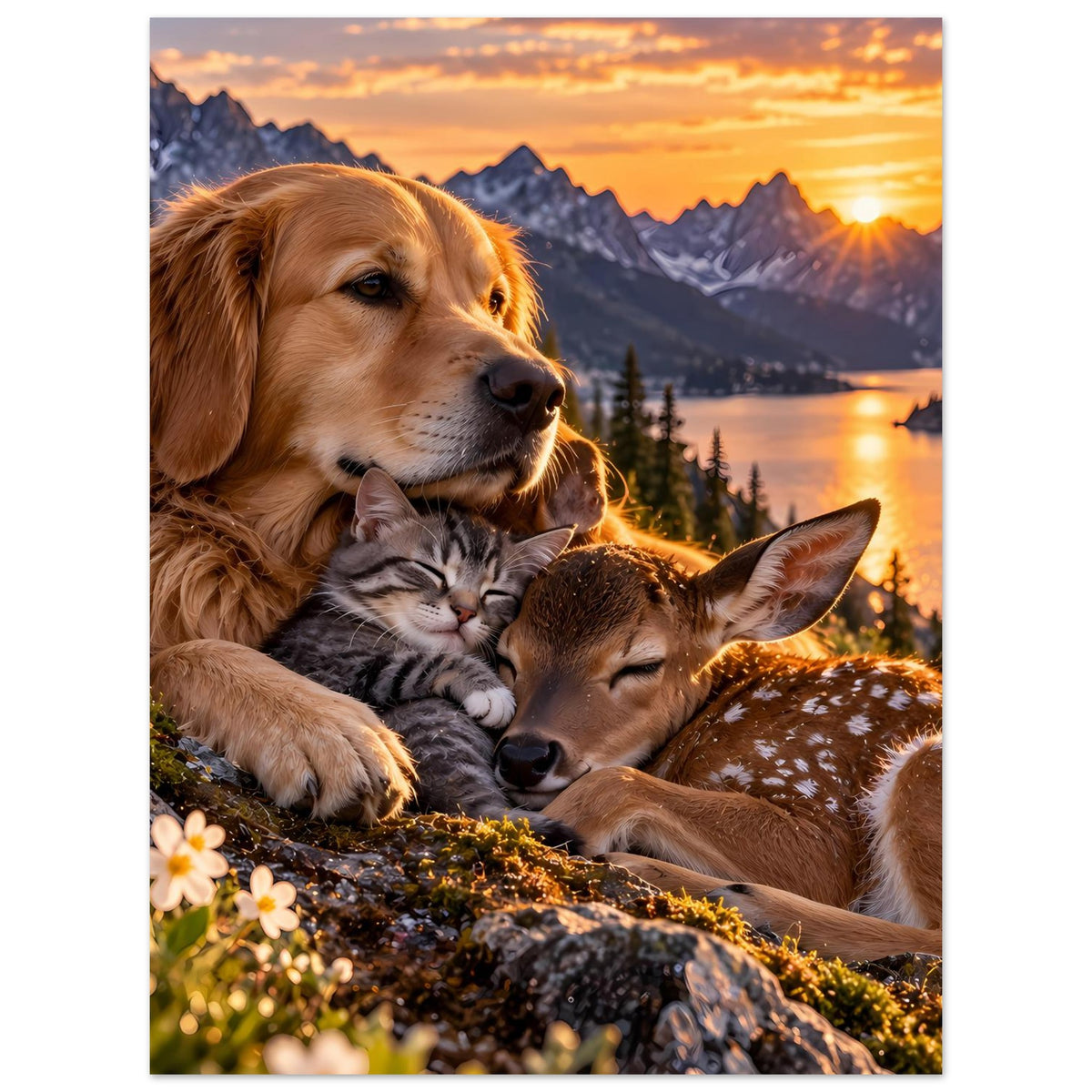 Poster (vertikal) mit goldenem Hund, Katze und Reh, warmes Sonnenuntergangsmotiv