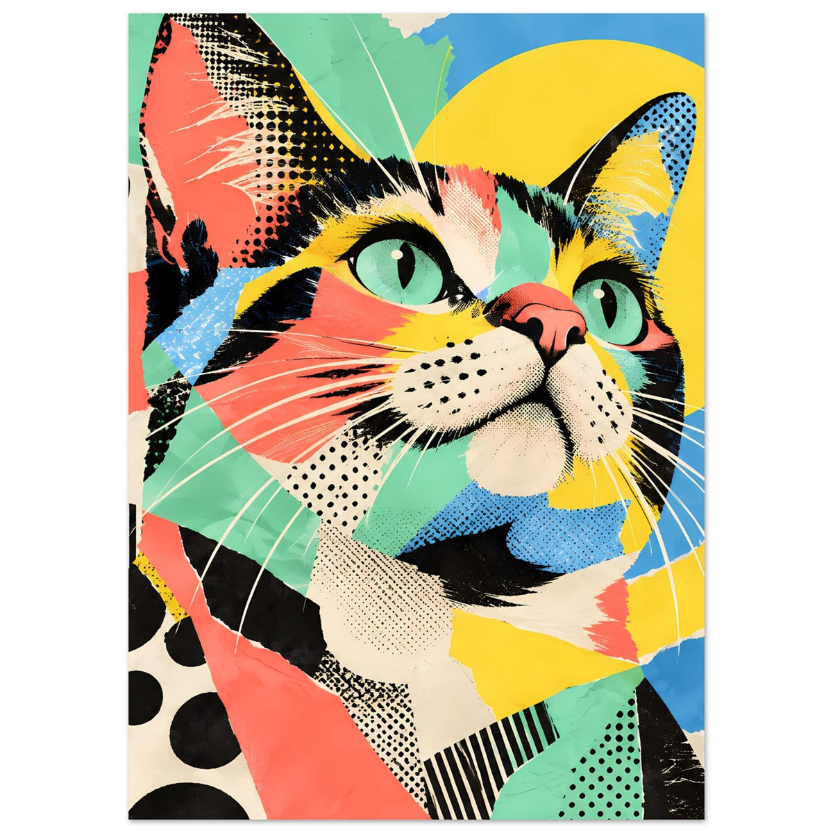Pop-Art-Katzenposter mit dynamischem Katzengesicht, kontrastreiche Farben und Linien