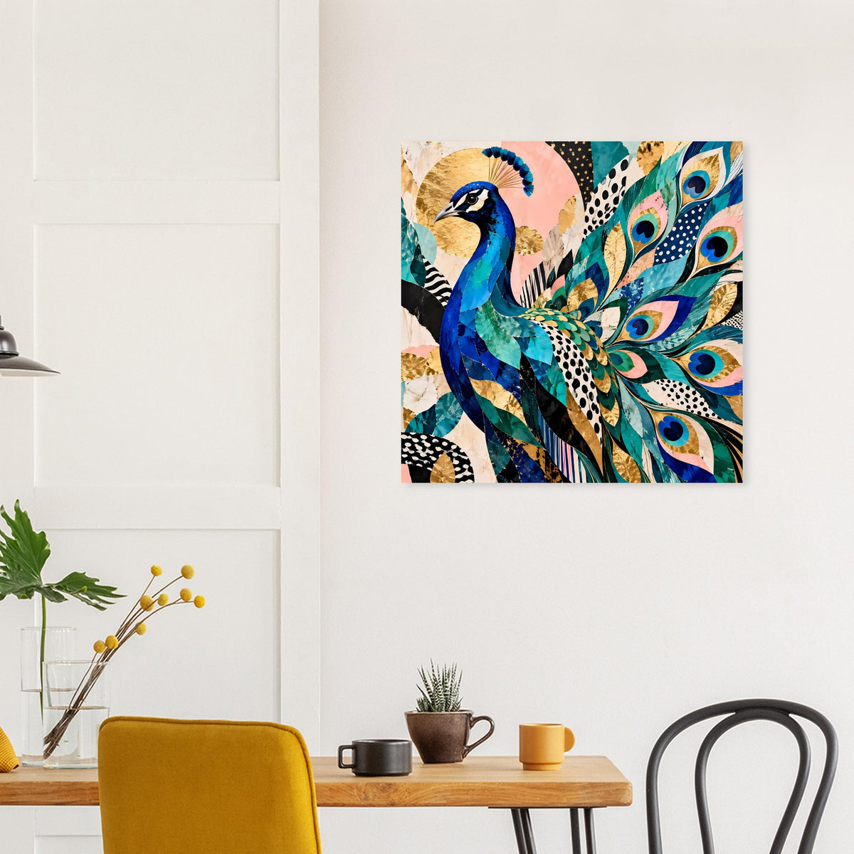 Quadratisches Kunstposter: Pfau in Blau und Türkis mit goldenen Details