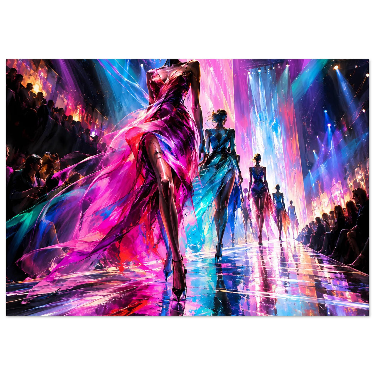 Querformat-Modeposter mit Laufsteg-Models in pinken und blauen Neonlichtstrahlen