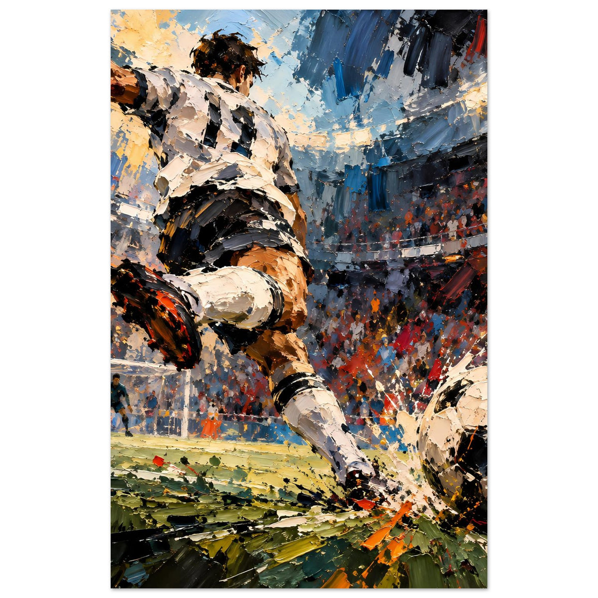 Fußball-Actionposter (Hochformat): Torwart und Ball in dynamischer Pinselmalerei, viele Farben