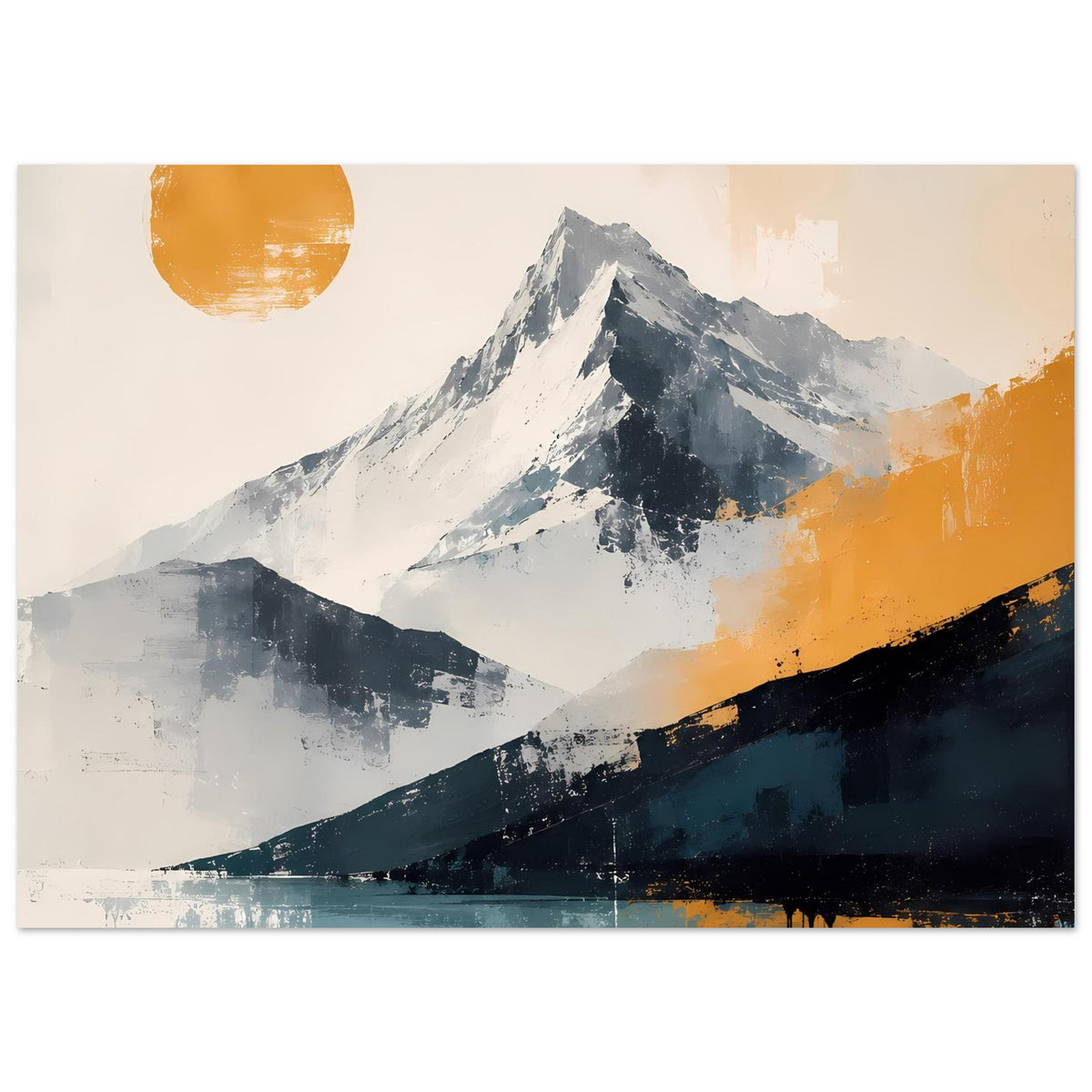 Berglandschaftsposter, abstrakte Berge und Sonne in warmen Orange-Tönen, Panoramaformat