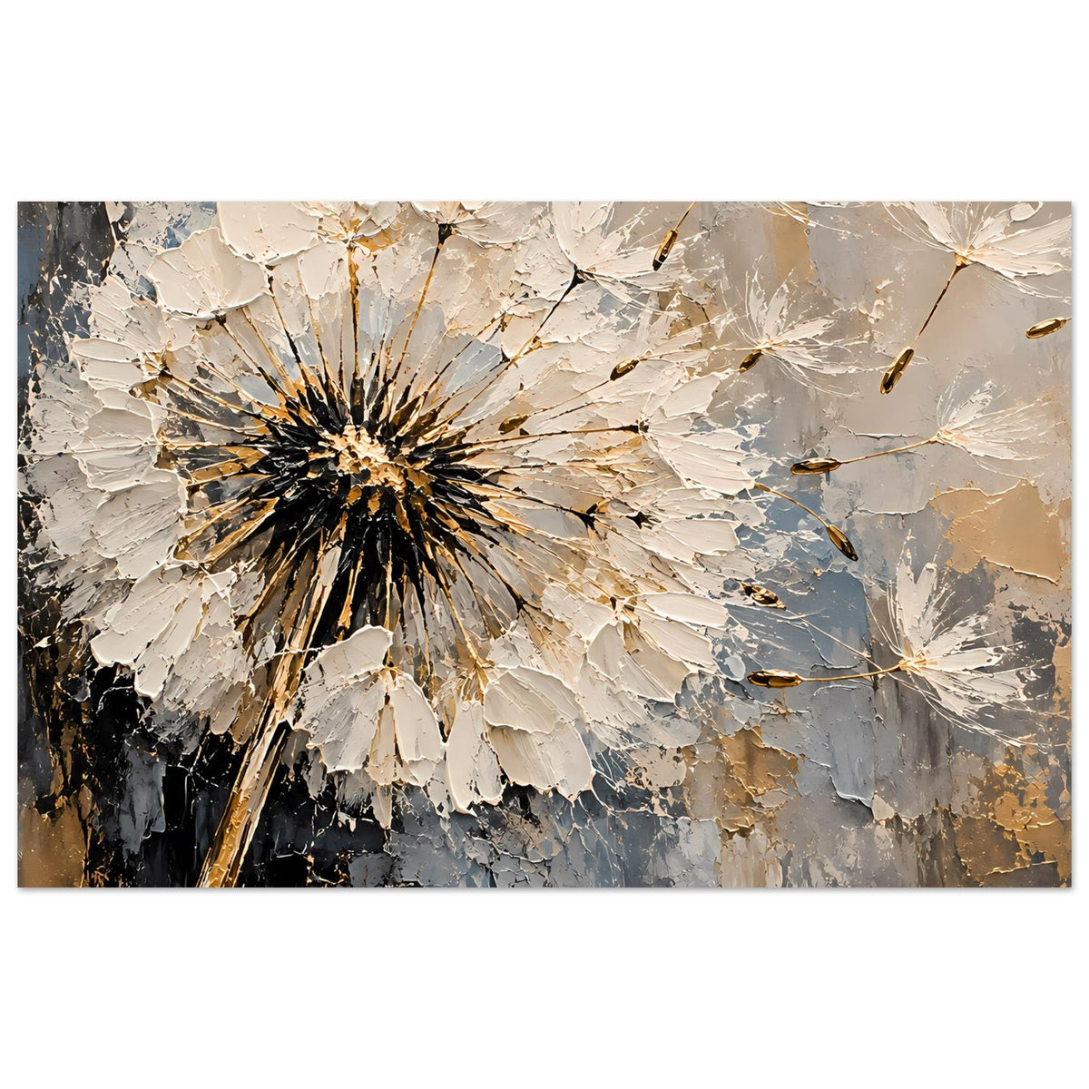 Deko-Poster mit Pusteblume in Struktur, Beige-Blau-Grau mit Goldakzenten, Querformat