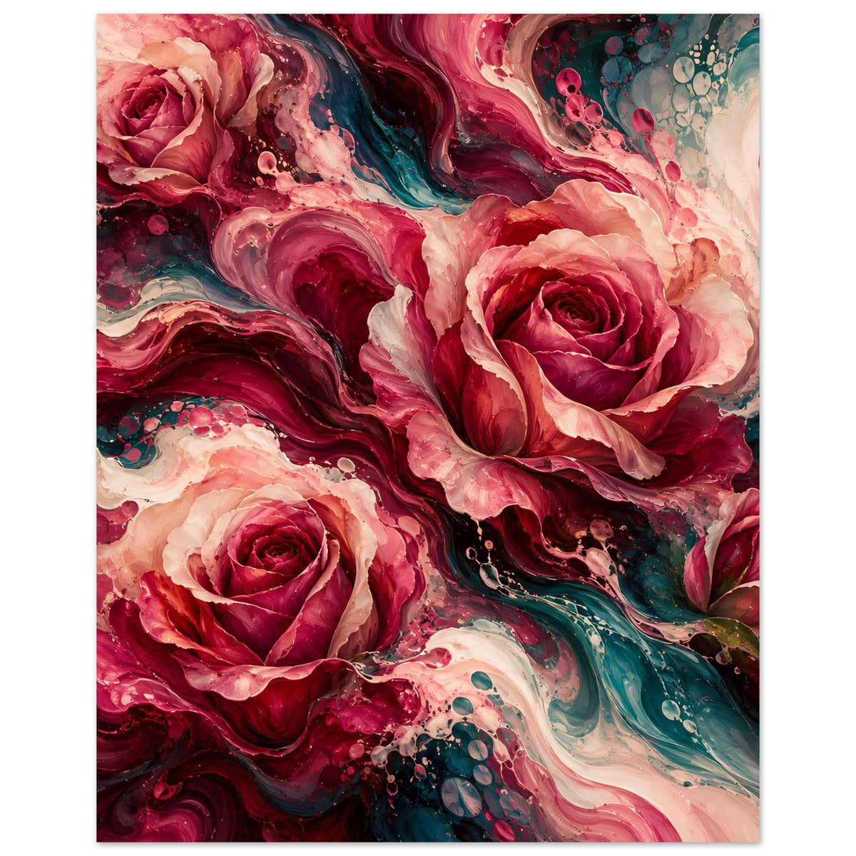 Blumenposter: rote Rosen mit türkisfarbenen Akzenten, abstrakte Farbwirbel