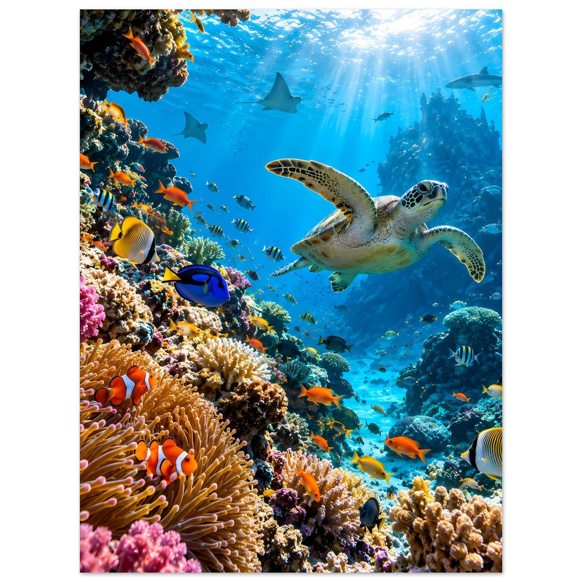 Rechteckiges Poster fürs Meer: Korallenriff mit Schildkröte, Haien und bunten Fischen.