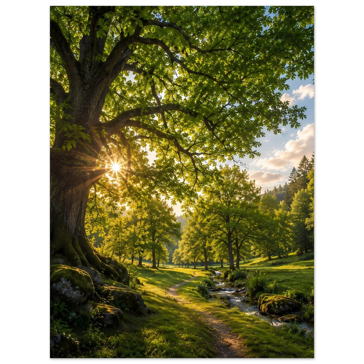 Vertikales Poster mit Waldweg, Sonnenstrahl und Licht zwischen Baumkronen
