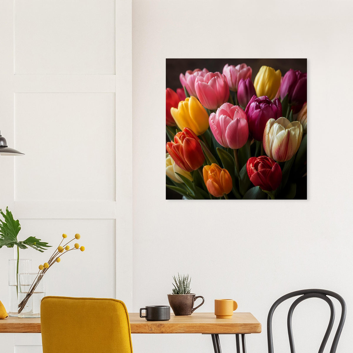 Quadratisches Poster mit Tulpenblüten in Pink, Gelb, Rot und Cremefarben