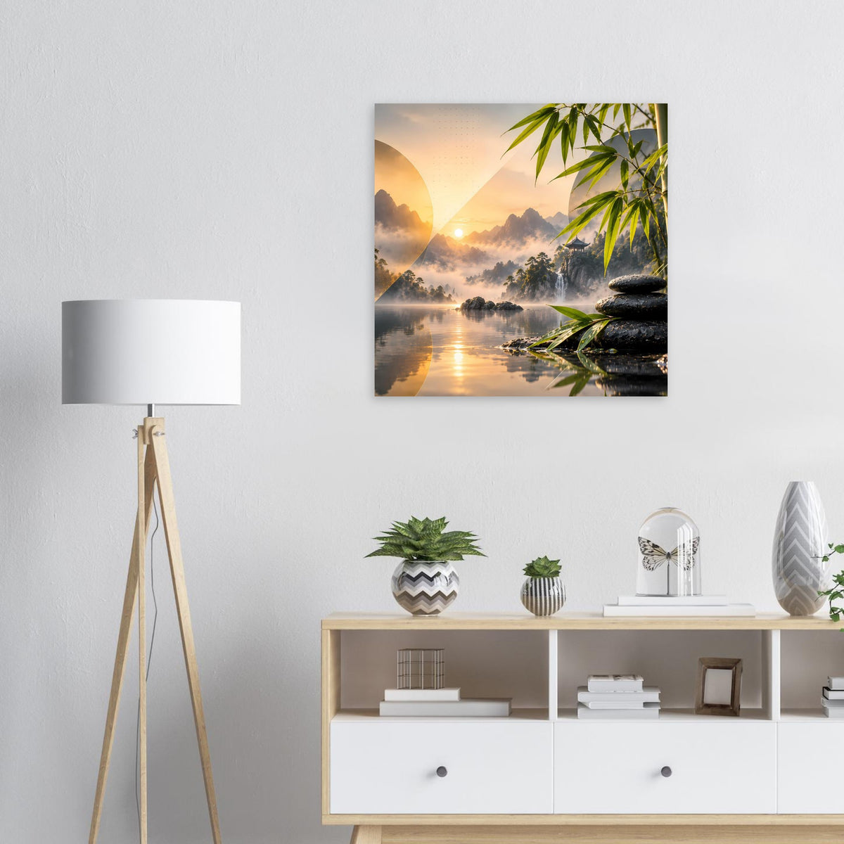 Zen-Bergsee-Poster mit Sonnenaufgang, Bambuszweigen und Steinstapel, Blick auf den See