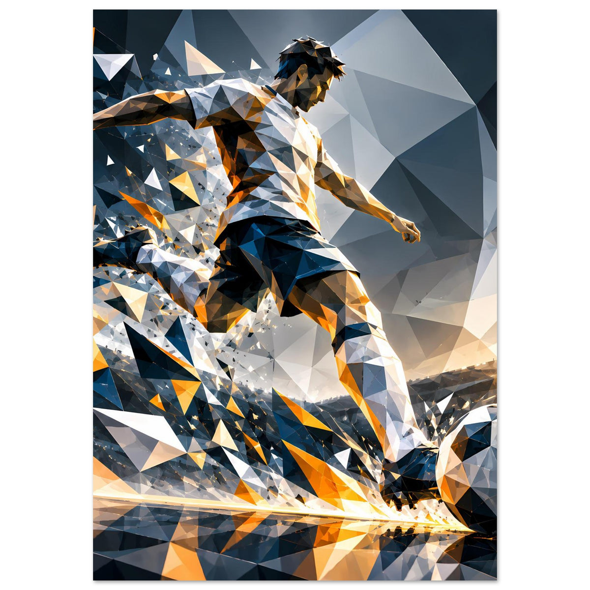 Fußball-Actionposter, vertikal, geometrischer Fußballspieler im Schwung, Ball am unteren Rand