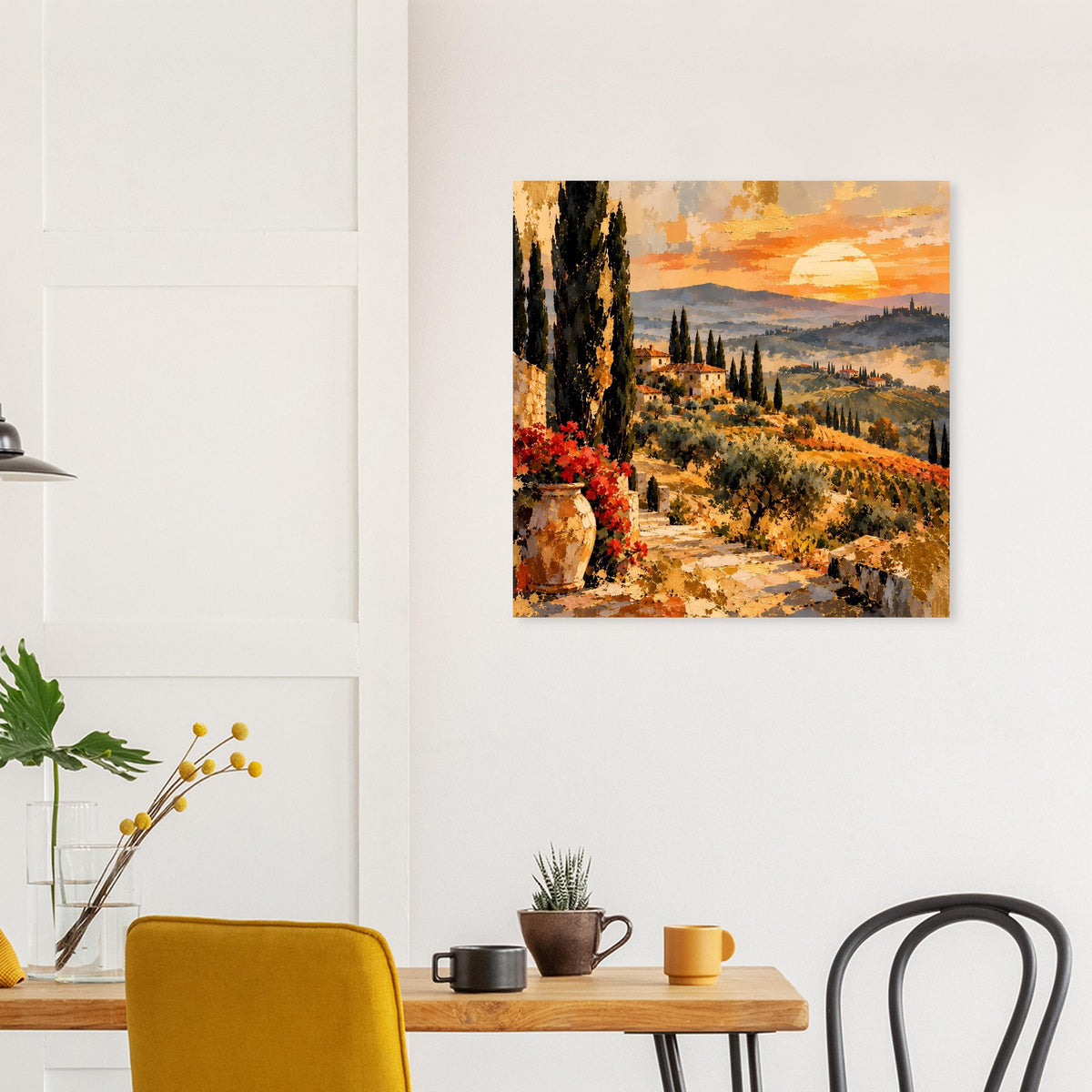 Toskana-Poster klein im Raum: Landschaft mit Zypressen und Sonnenuntergang