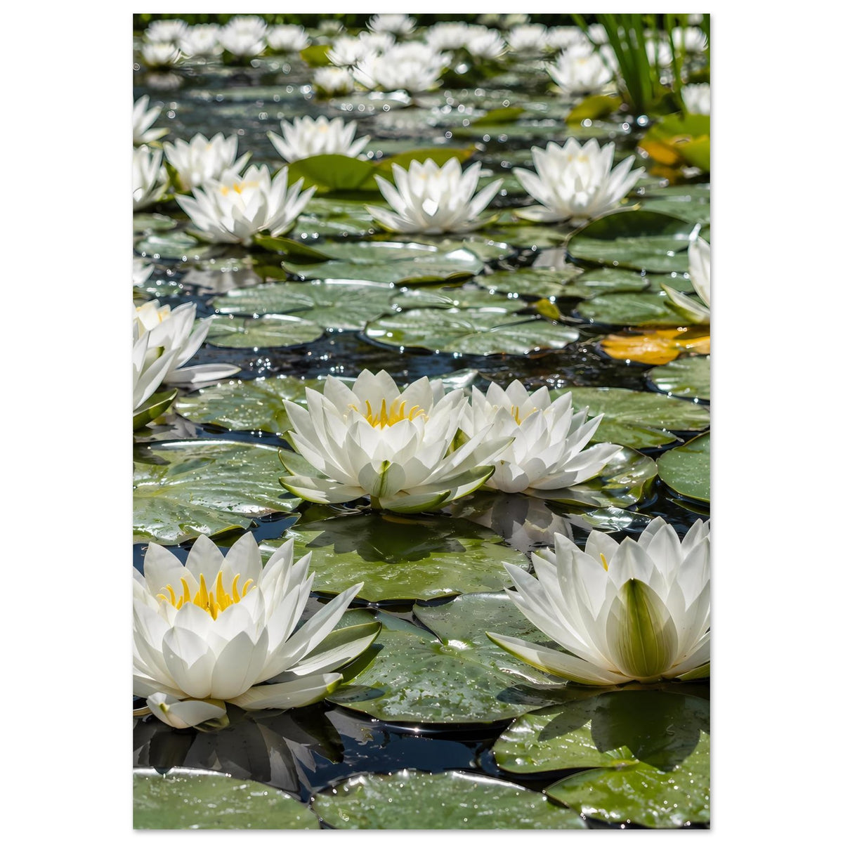 Hochformat-Poster mit weißen Seerosen auf Wasser, zentrierte Blüten und grüne Blätter