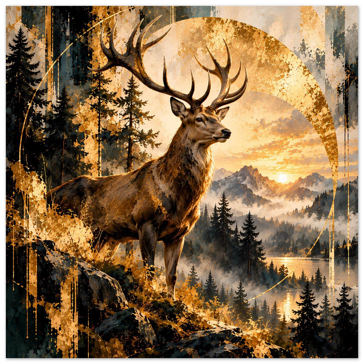 Poster: Hirsch mit Geweih, sonniger Himmel mit Kreisen, Tannen und Bergsilhouetten