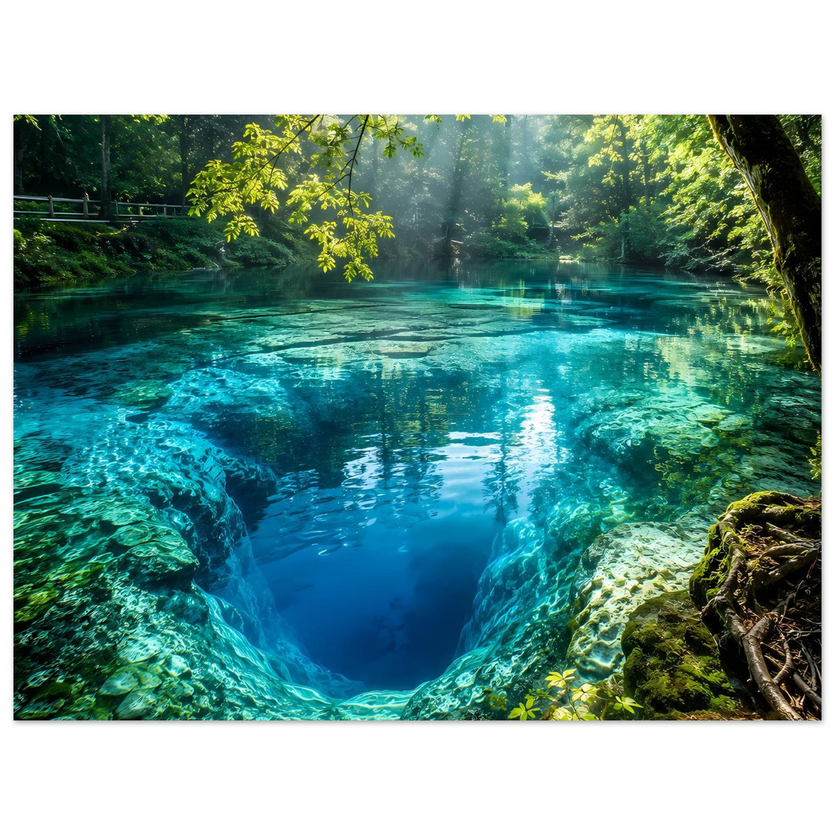 Wandposter im Querformat: türkisblauer See zwischen Felswänden, Wald und Lichtstrahlen