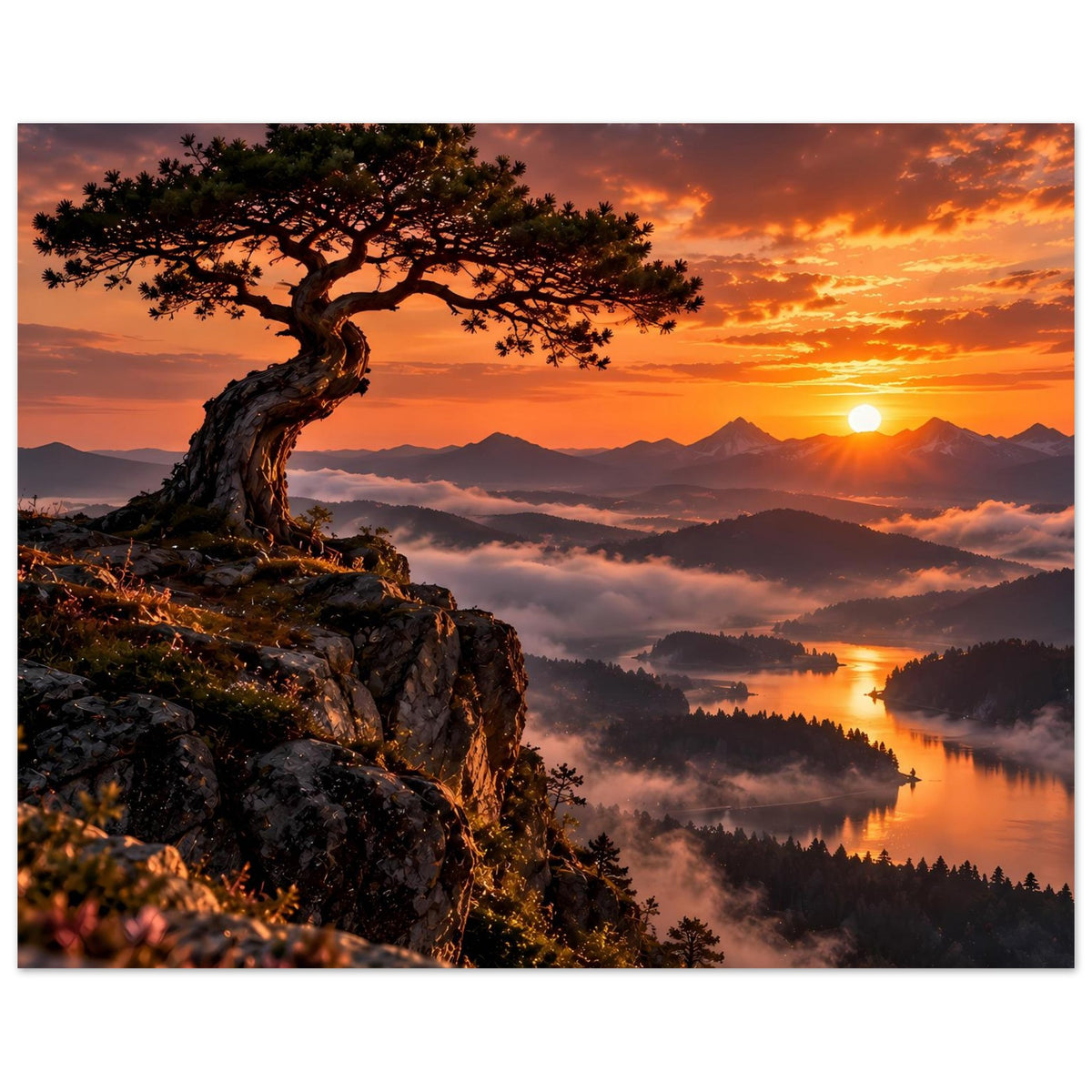 Posteransicht eines Baumes auf Felsvorsprung mit Sonnenuntergangshimmel, Berge und See.