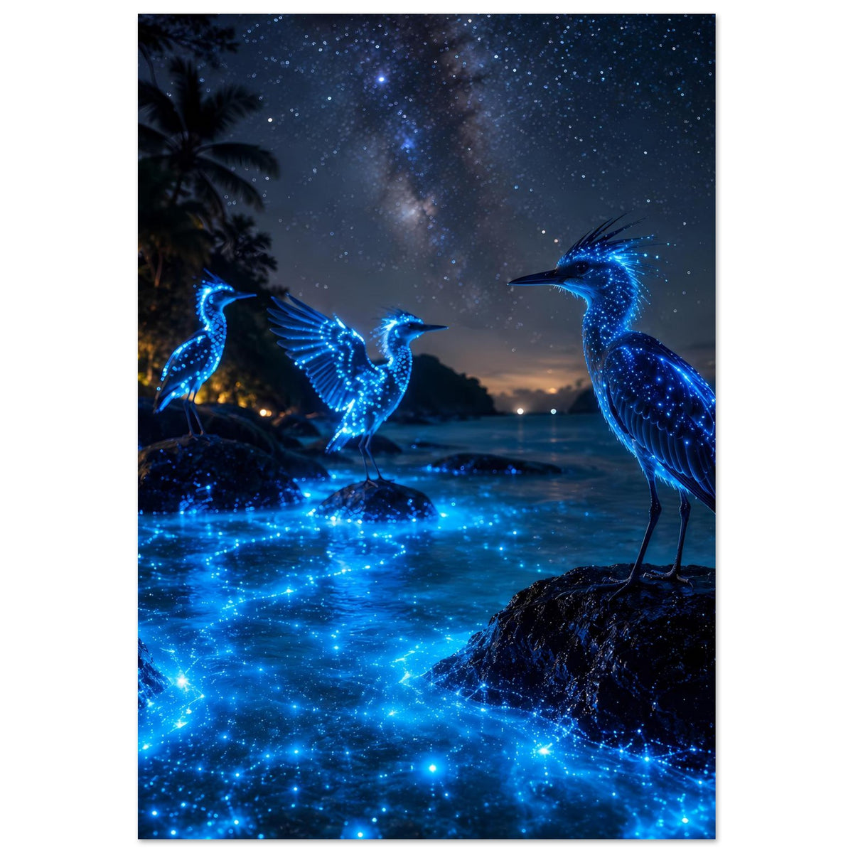 Poster mit leuchtenden blauen Nachtvögeln auf Felsen, sternenreicher Himmel