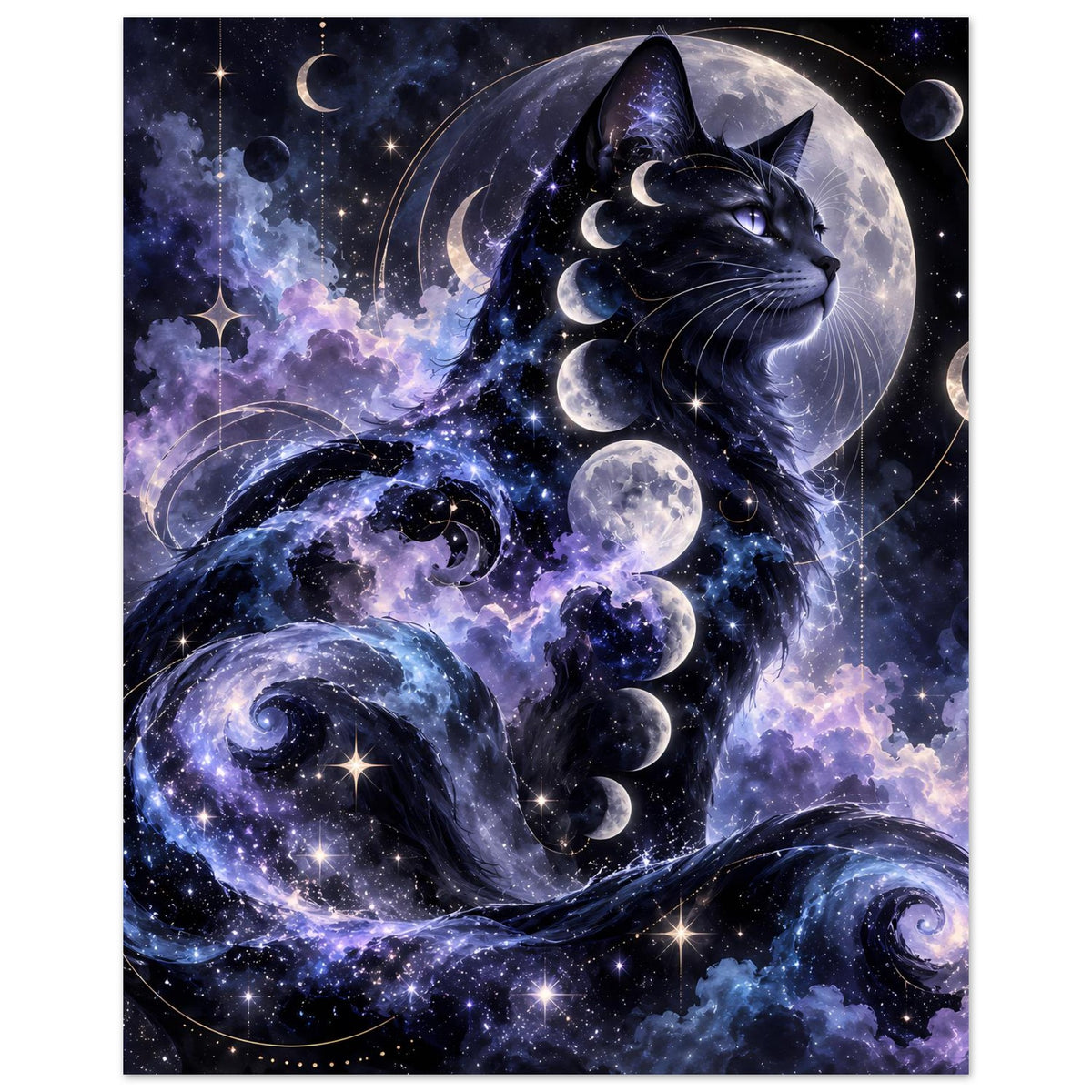 Poster mit kosmischer schwarzer Katze und Mondsicheln im All, in schlichtem Rahmen