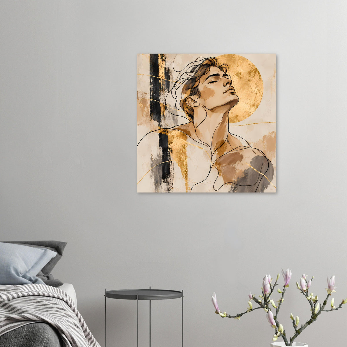 Wandposter mit kleiner Darstellung eines Frauenporträts, Goldkreis und dunkle Pinselstriche
