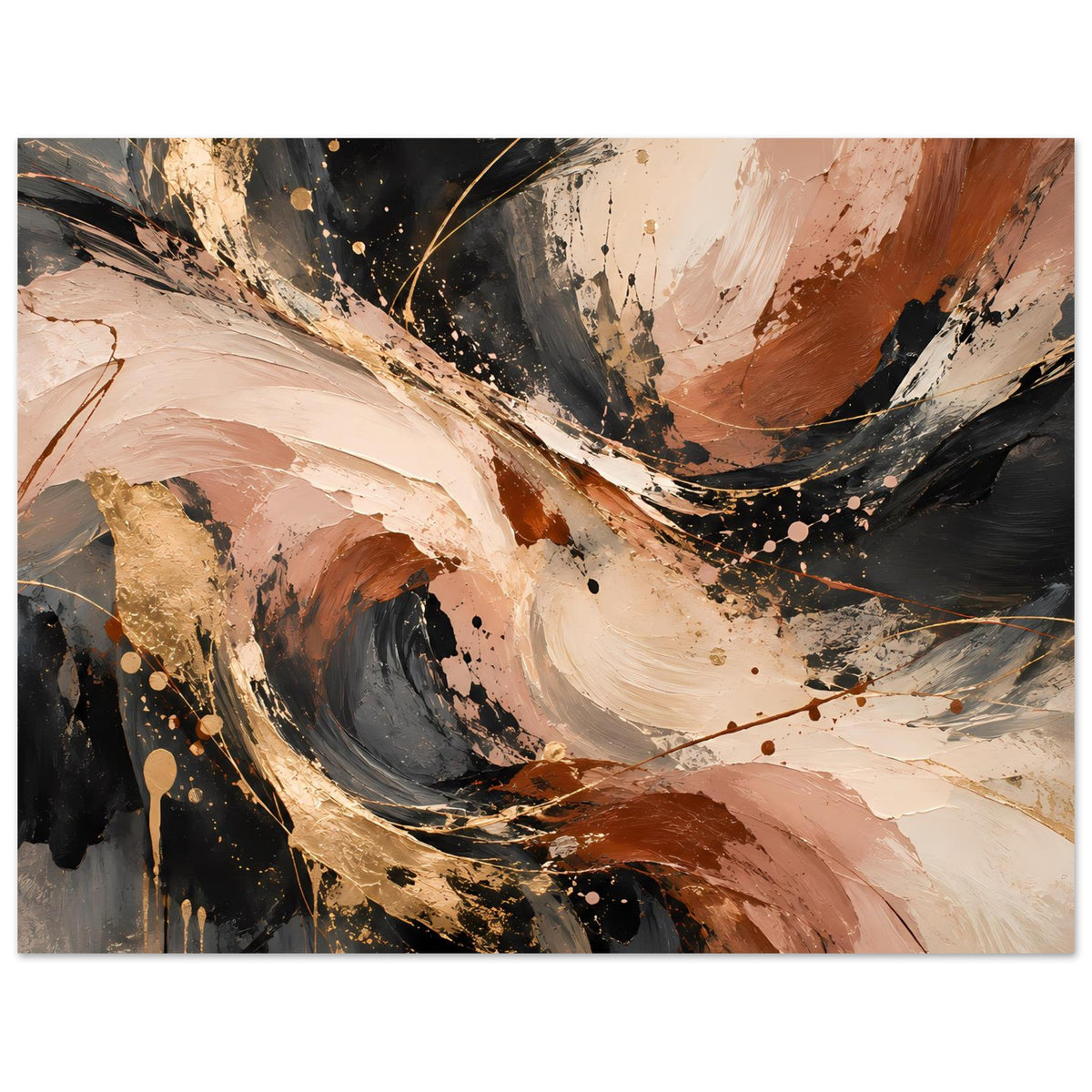Abstraktes Kunstposter: ruhige Farbwirbel in Creme, Rostbraun und Dunkelgrau, mit Spritzern