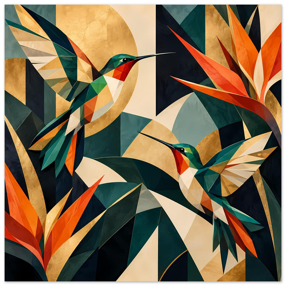 Kunstposter mit geometrischen Kolibris und orangefarbenen Blattakzenten, mehrfarbig