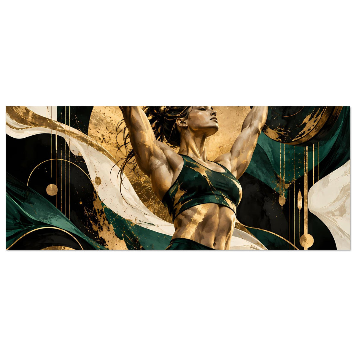 Kraftposter Querformat, Ausschnitt: Athletin in grün hebt Hantelstange, Gold- und Grünflächen
