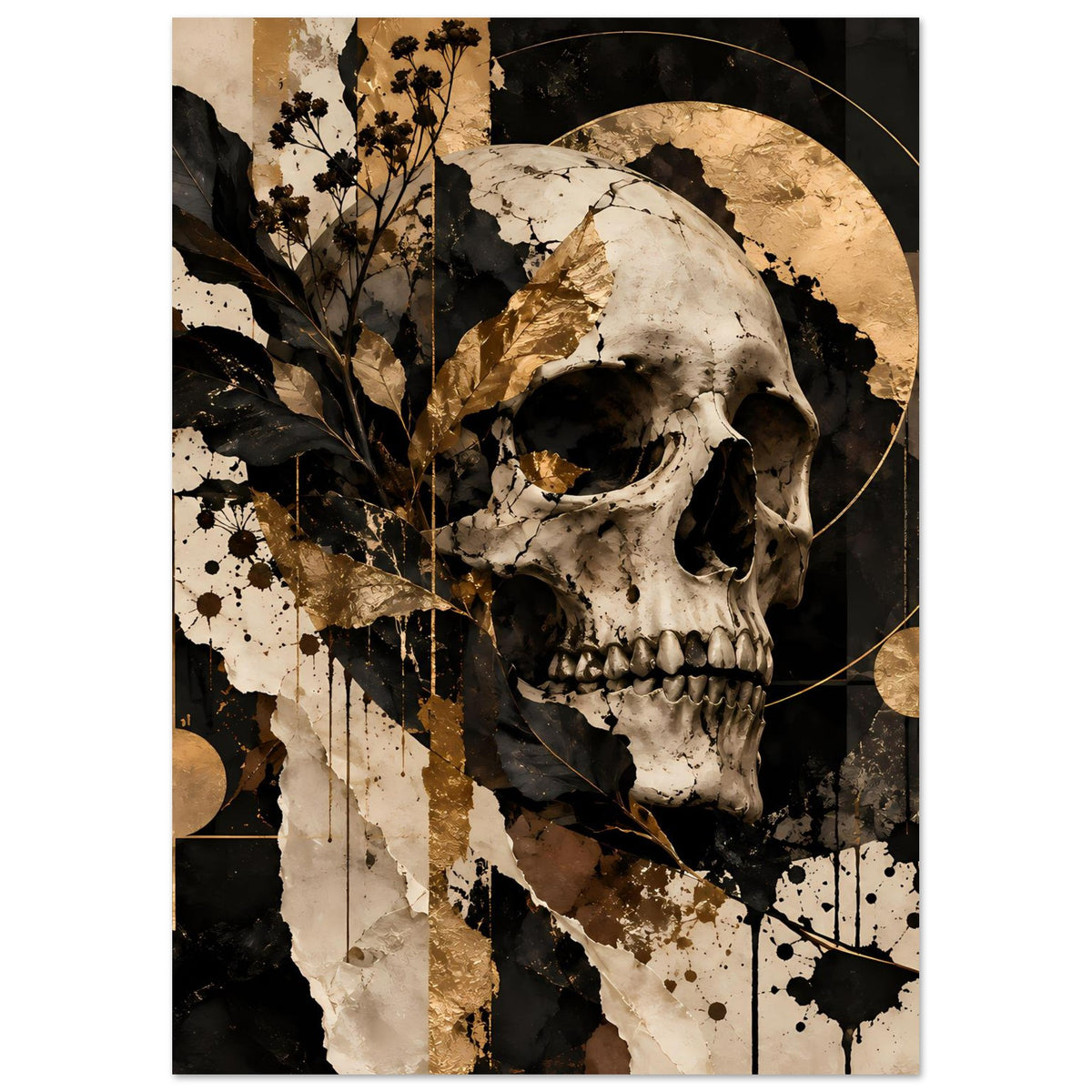 Kunstposter: Totenkopf in Schwarz und Gold mit Blattzweigen, goldenen Kreisen und Sprenkel