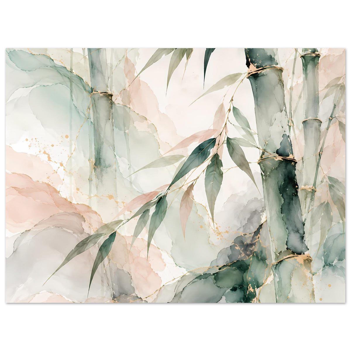 Bambus-Aquarellposter in sanftem Grün mit hellen Blättern