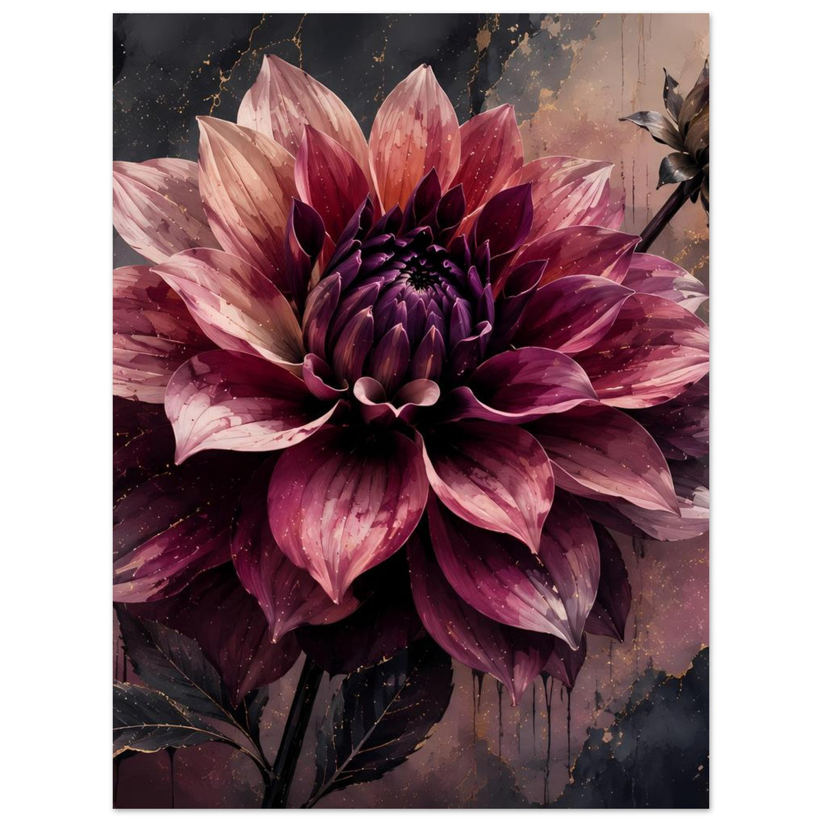 Dahlien-Blumenposter in Dunkelviolett mit goldenen Adern, große Blüte im Fokus