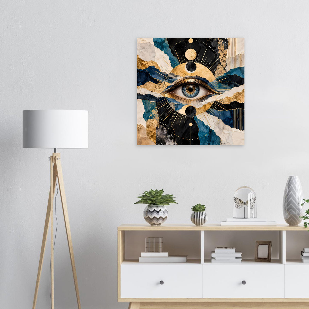 Wandposter mit Auge im Fächer-Design, türkisblau, goldene Akzente und schwarze Kreise
