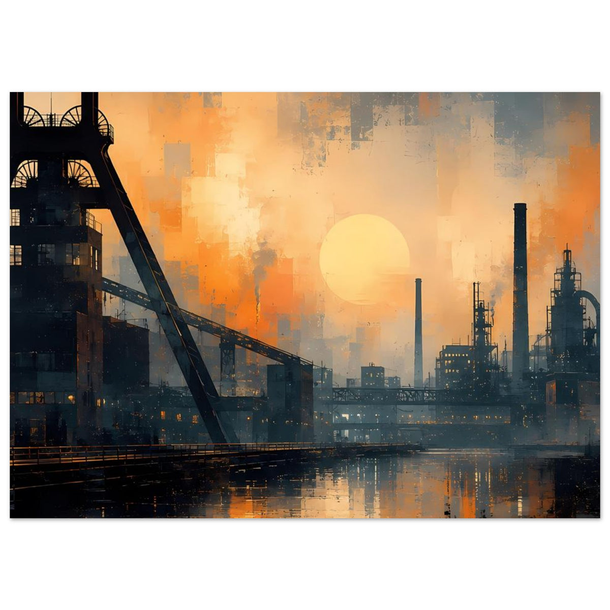 Industrie-Skyline-Poster im Dämmerlicht, diagonal verlaufende Brücke, Sonne und Schornsteine