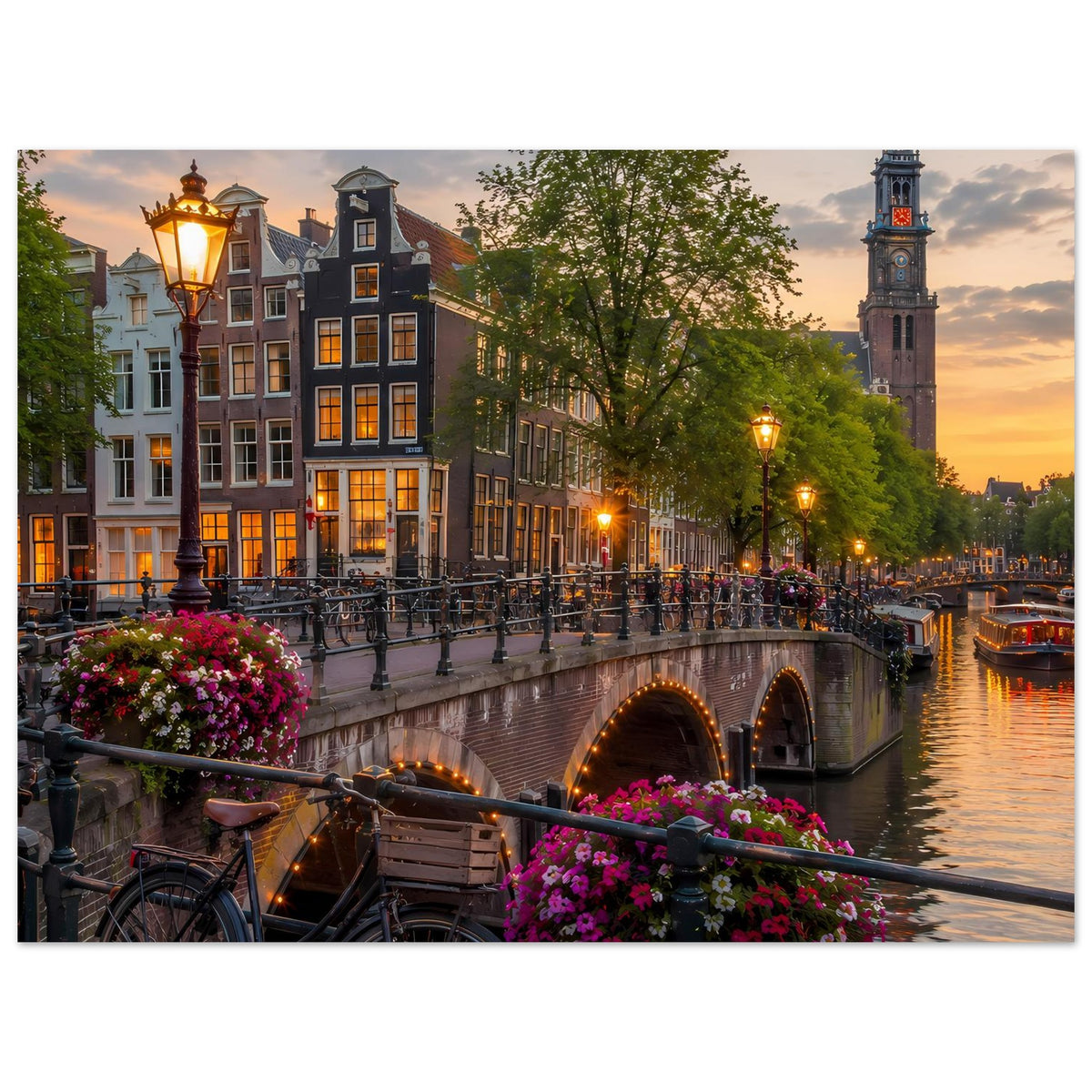 Poster: Abendlicher Amsterdamer Kanal mit Brücke, Laternen und beleuchteten Häusern