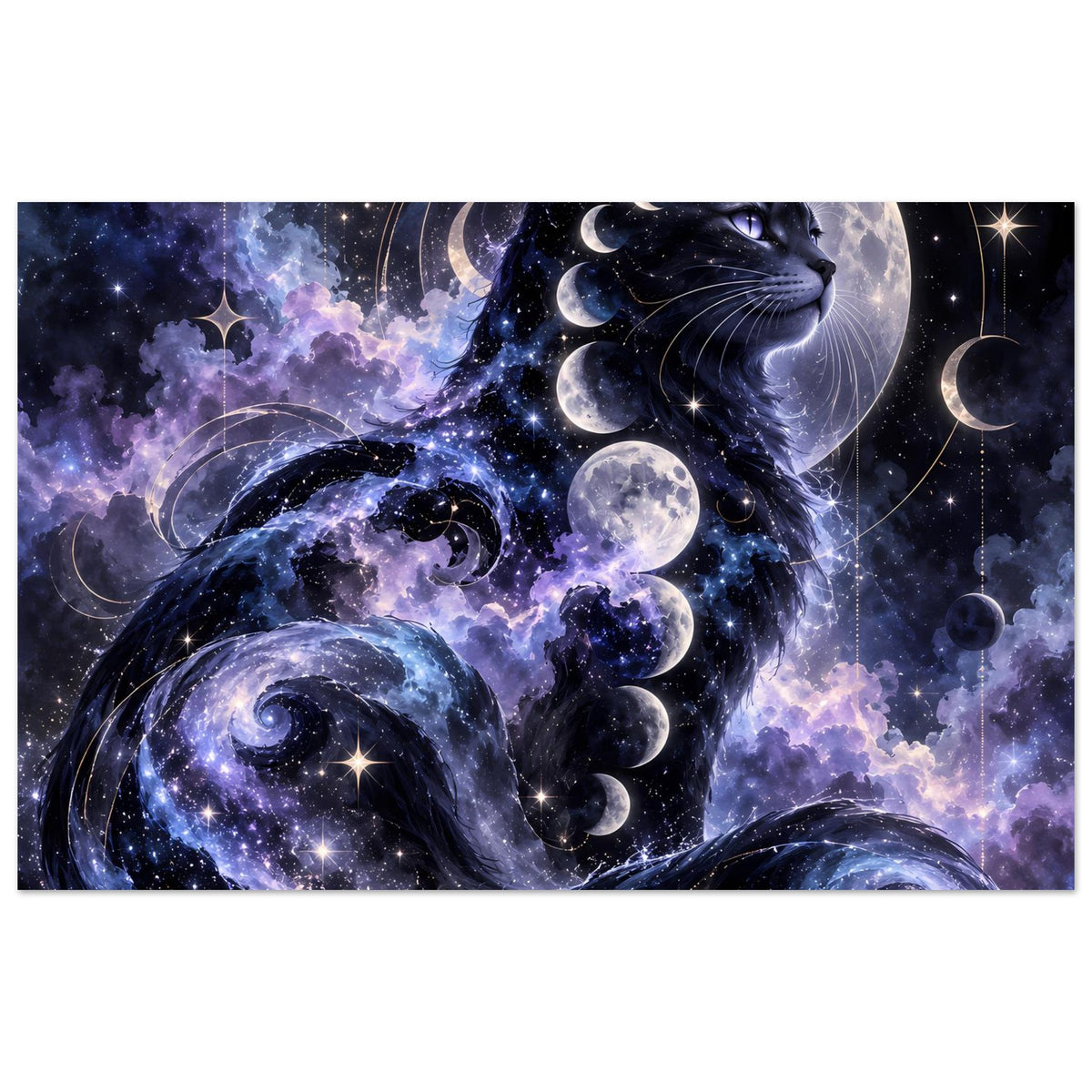 Querformat-Poster mit schwarzer Katze, Monden und Planeten im kosmischen Hintergrund