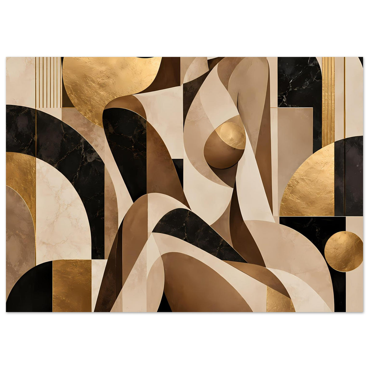 Abstraktes Poster im breiten Format mit Gold, Creme und dunklen Kontrastflächen