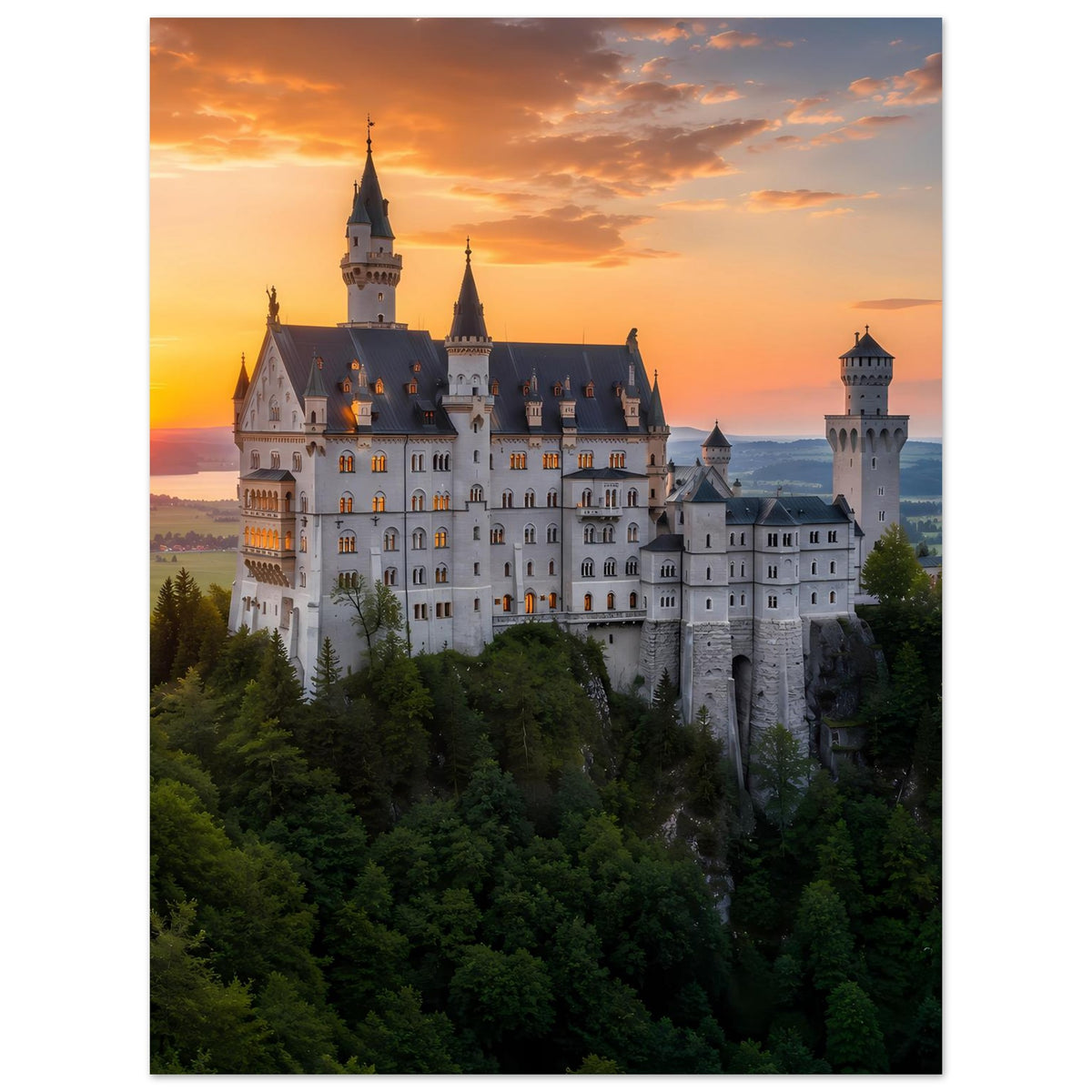 Poster mit Schloss und Türmen im Abendlicht, bewaldete Landschaft darunter