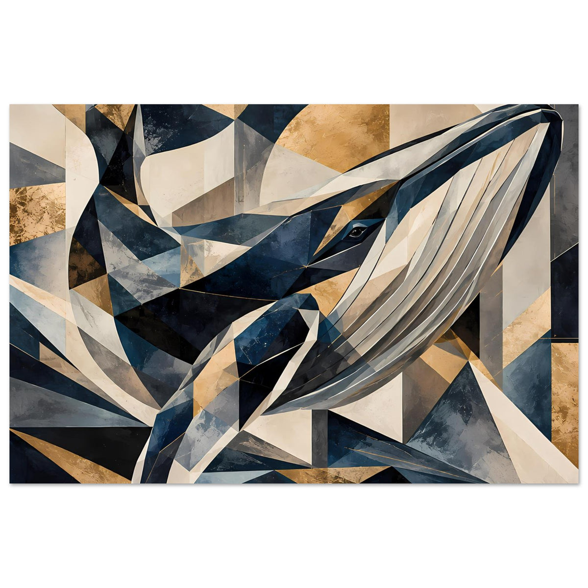 Kunstposter mit geometrischem Wal-Motiv in Blau- und Goldtönen, horizontal
