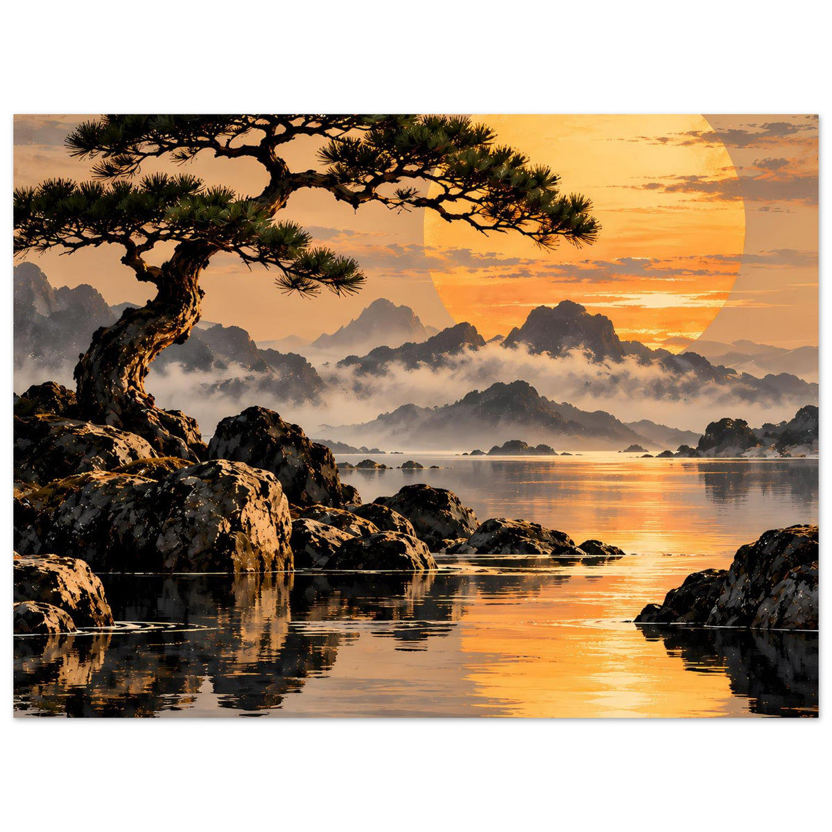 Gerahmtes Landschaftsposter (Querformat) mit Sonnenuntergang am See, Felsen und Spiegelung im Wasser.